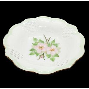 Vintage Floral Trinket‎ Dish Hand Painted Pink Flowers Signed K. Merritt 1959